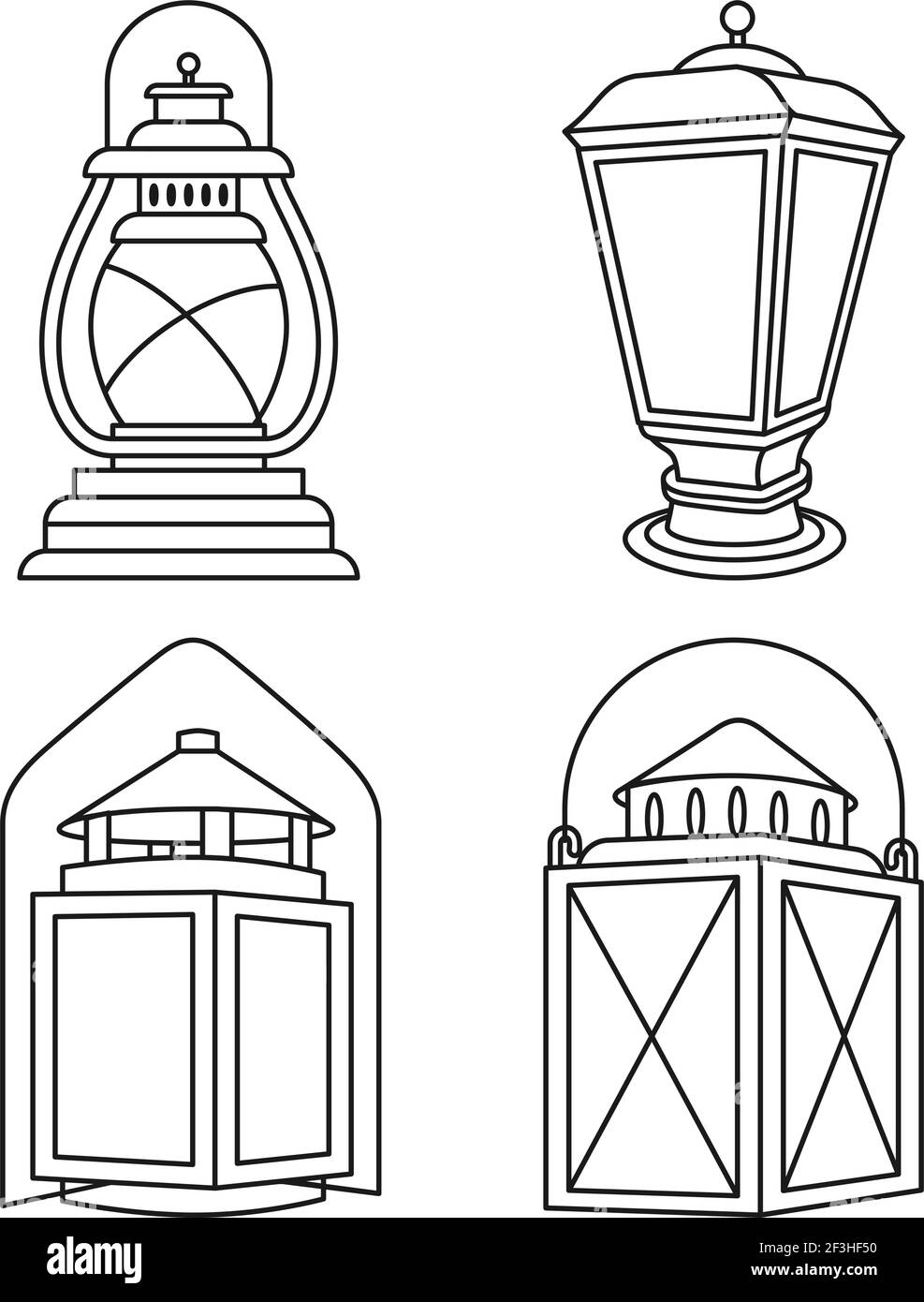 Set di lanterne vintage in bianco e nero line art. Decorazioni rustiche per feste all'aperto. Illustrazione vettoriale a tema vintage per icona, etichetta del sito, carta regalo, colore Illustrazione Vettoriale