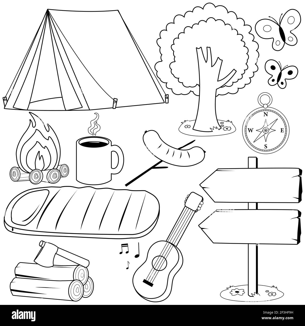 Collezione di oggetti e attrezzature da campeggio. Pagina da colorare in bianco e nero Foto Stock