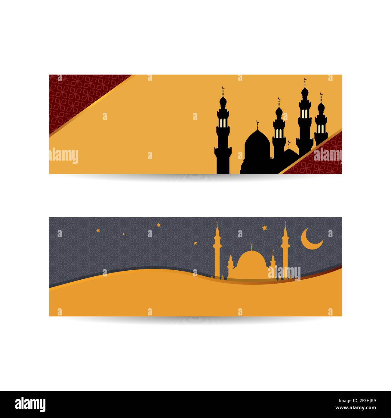 set di banner orizzontali biglietto di auguri con ornamento arabico, modello islamico, luna, stelle arabesche e fiori. posters o inviti modello. Illustrazione Vettoriale