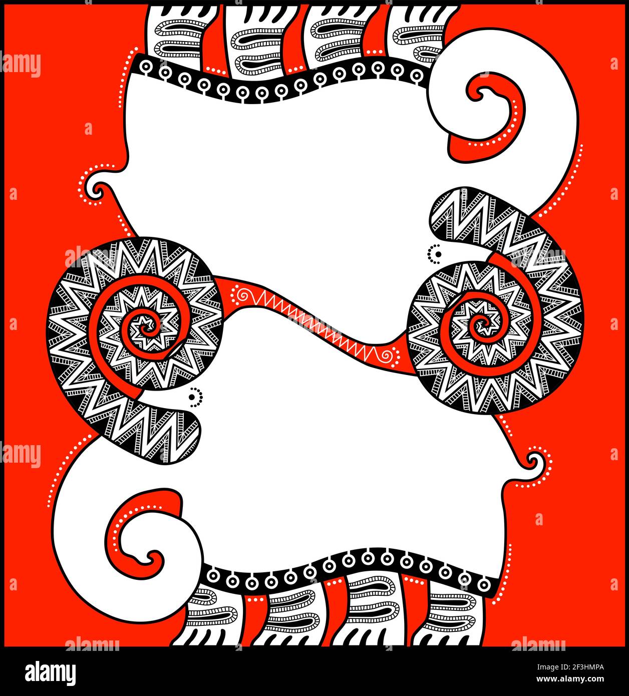 Composizione decorativa di due mammut stilizzati su sfondo rosso. I tusk mammut sono coperti da motivi geometrici. Illustrazione Vettoriale