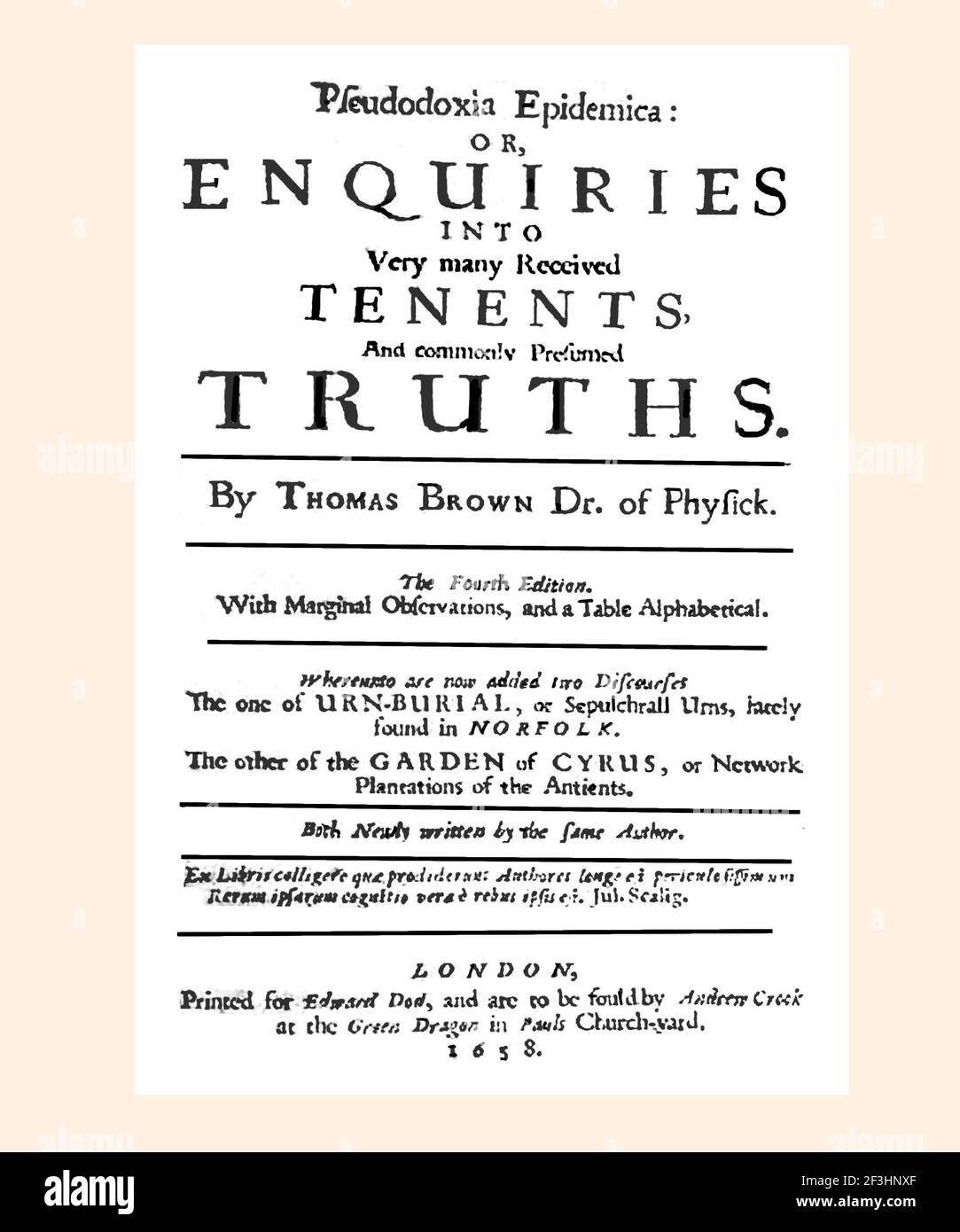 Thomas Browne 1605-1682 Title Page Pseudodoxia Epidemica Refresched and Reset Foto Stock