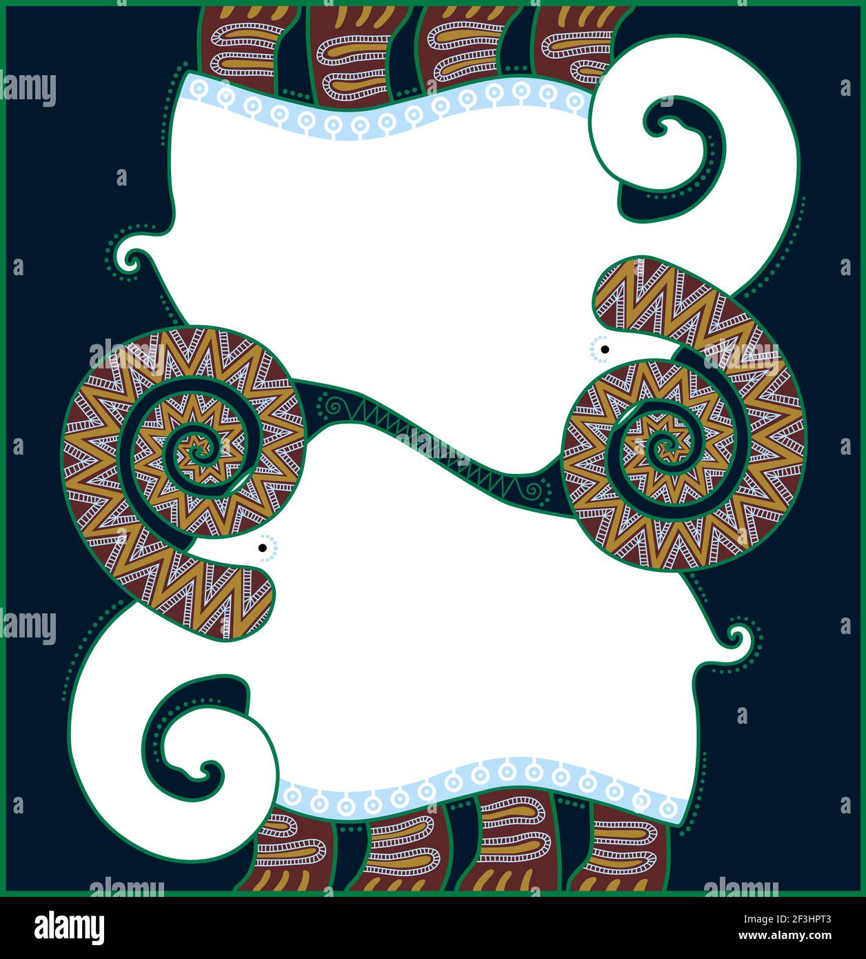 Composizione decorativa con due mammut bianchi stilizzati su sfondo blu scuro. I tusk mammut sono coperti da motivi geometrici. Illustrazione Vettoriale