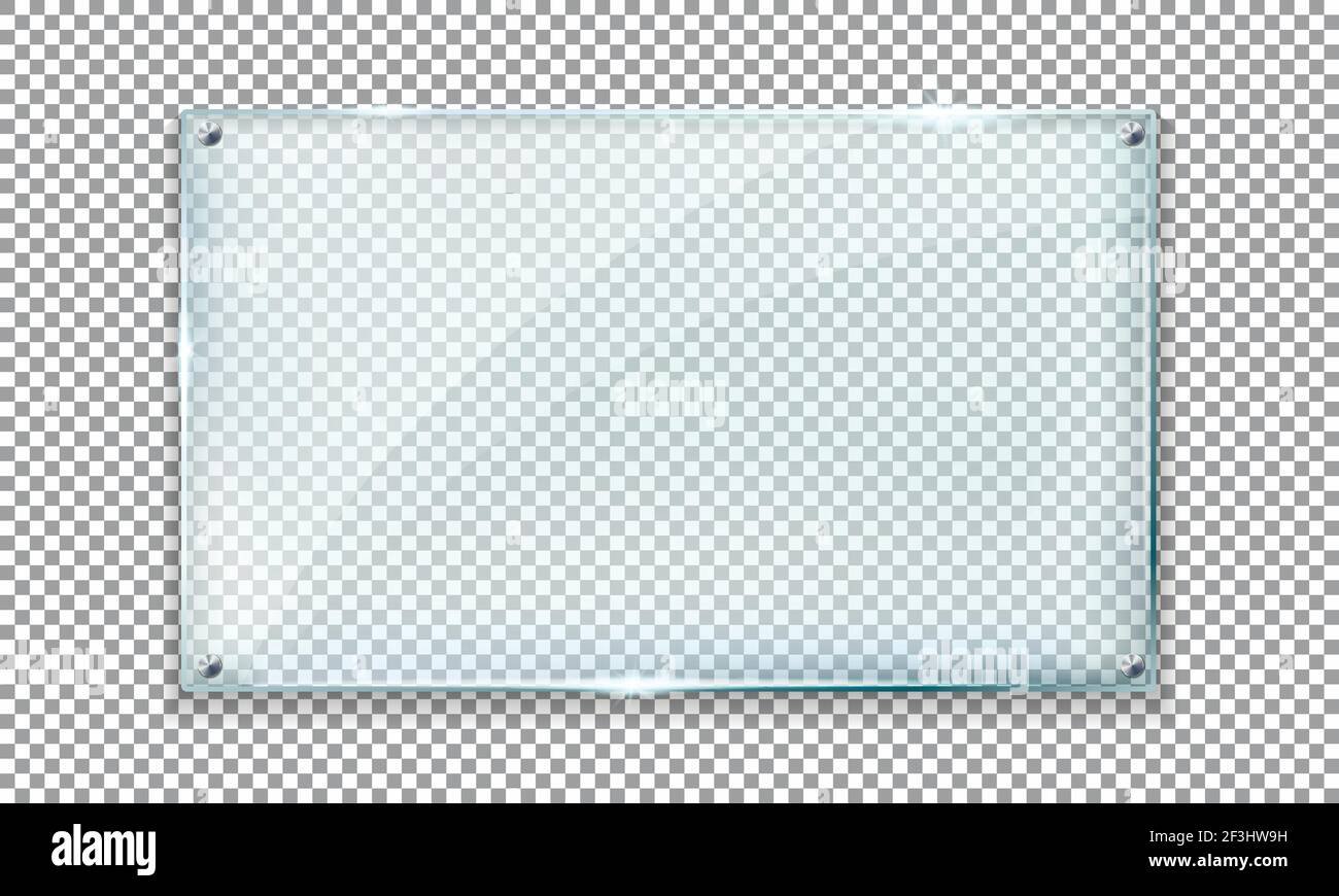 Lastra di vetro su fondo trasparente. Vetrina in vetro trasparente, striscione mock-up, struttura in acrilico e vetro con smalti. Illustrazione Vettoriale