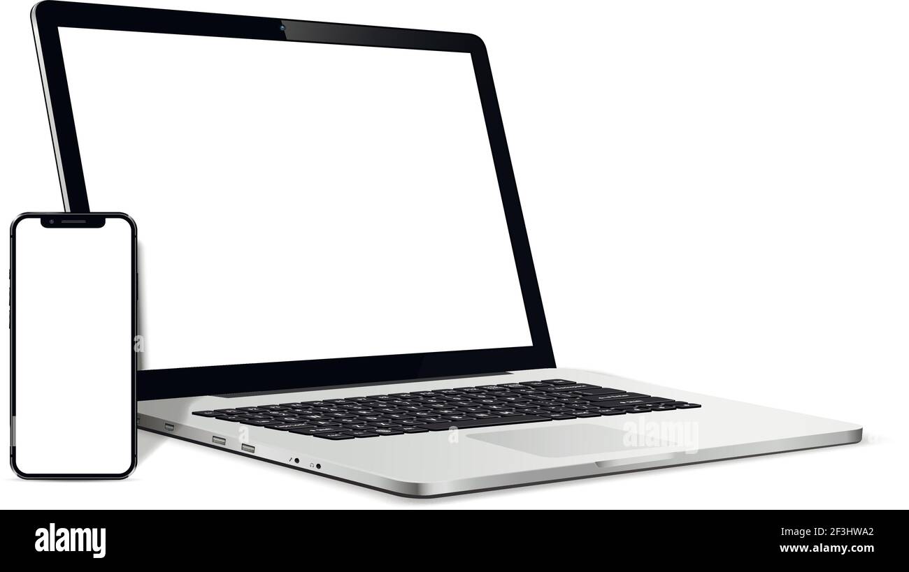 Dispositivi isolati Mockup. Smartphone e notebook con schermo vuoto. Illustrazione Vettoriale