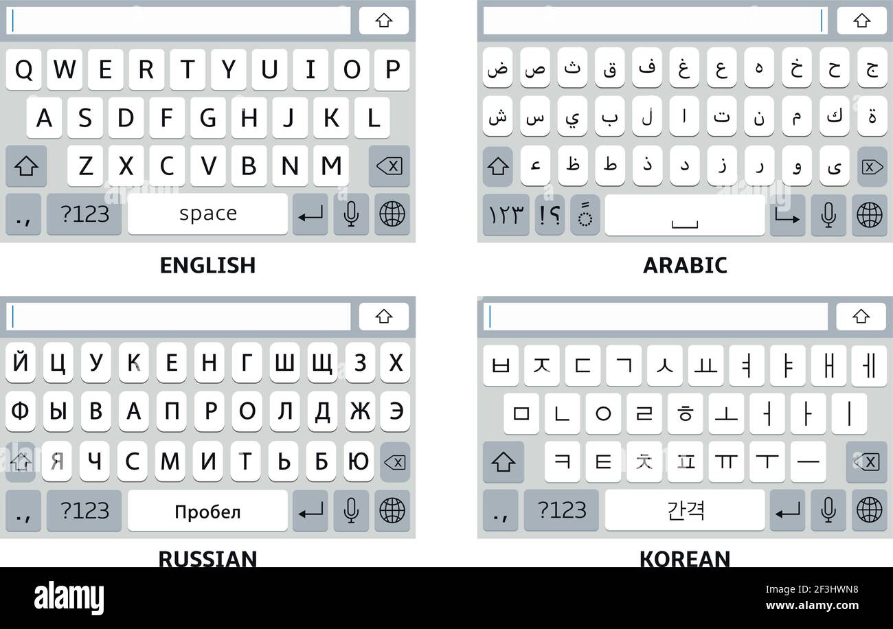 Set di tastiere virtuali per smartphone in inglese, arabo, coreano e russo. Illustrazione Vettoriale