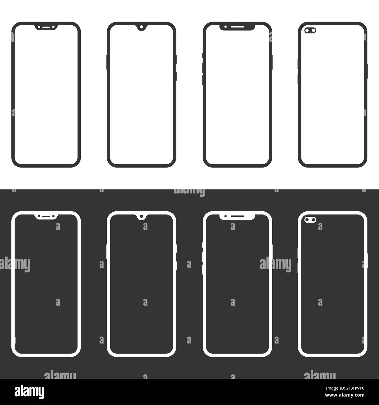 Serie di icone dello smartphone in bianco e nero diverse. Modello di icone per telefoni cellulari semplici. Illustrazione Vettoriale