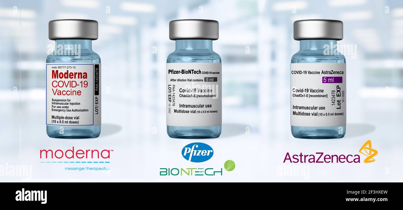 Marseille, Francia - 16 marzo 2021: AstraZeneca, Pfizer, biontech, moderna COVID-19 vaccino Coronavirus su Vial - Banner design with copy space Foto Stock