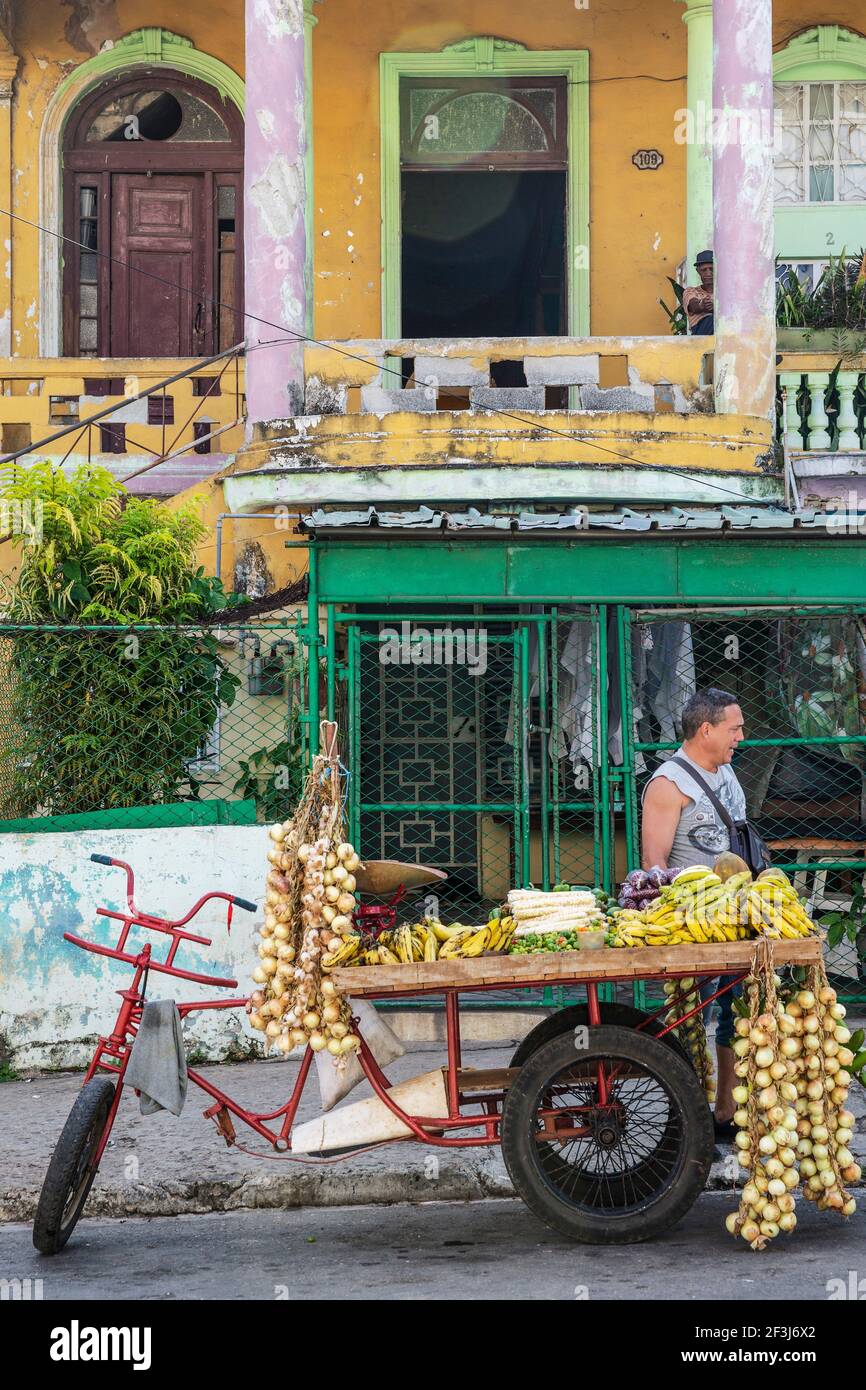 Bancarella di frutta e verdura per biciclette mobili, l'Avana, Cuba Foto Stock