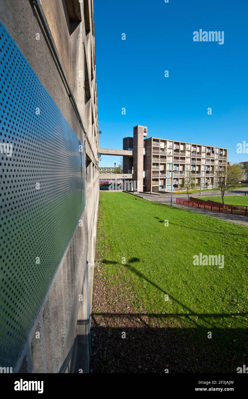 Vista dettagliata di un imbarco di sicurezza in acciaio su una parte del derelict Park Hill Estate, Sheffield, con il blocco in fase di rielaborazione da parte di Urban Splash nel di Foto Stock