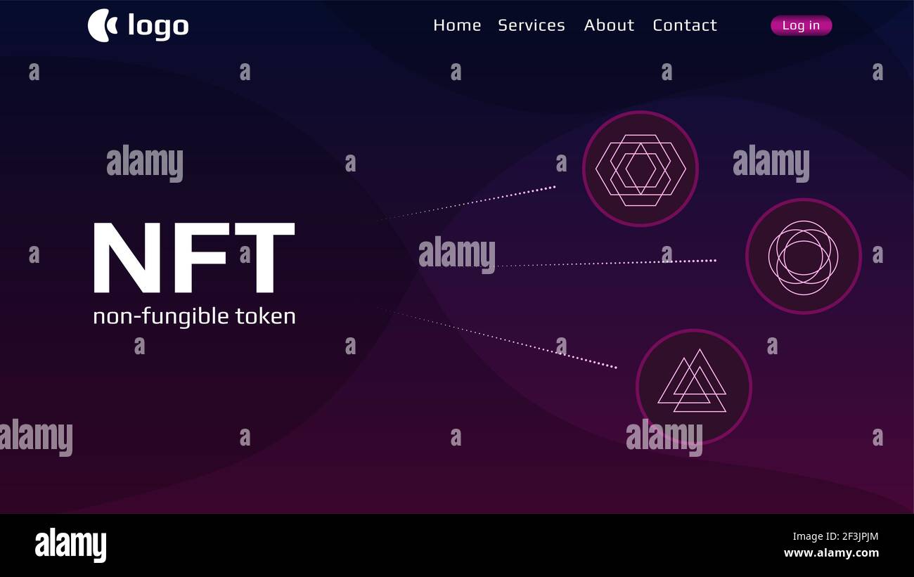 Modello di intestazione del sito Web per gettoni non fungibili NFT con infografiche semplici monete uniche su sfondo scuro. Paga per i collezionabili unici nei giochi. Foto Stock
