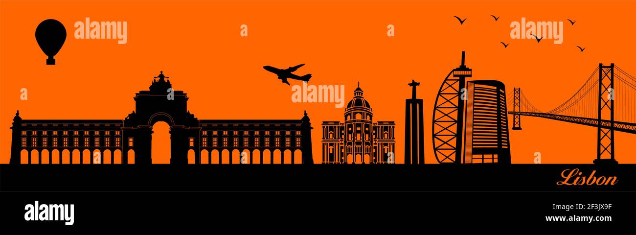 Vector City skyline silhouette - illustrazione, Città su sfondo arancione, Lisbona Portogallo Illustrazione Vettoriale