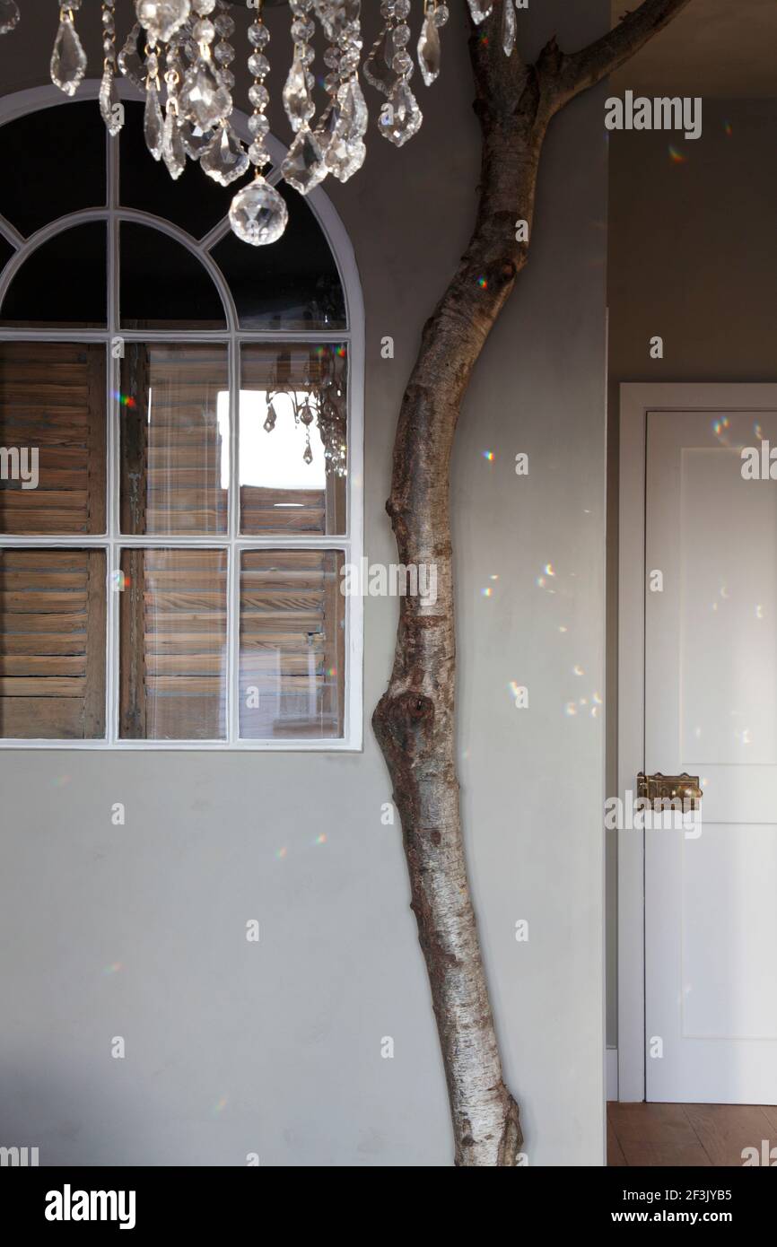 Camera da letto con finestra ad arco a bagno privato, un albero di betulla, e lampadario | | Designer: Richard Brett / ci piace oggi Foto Stock