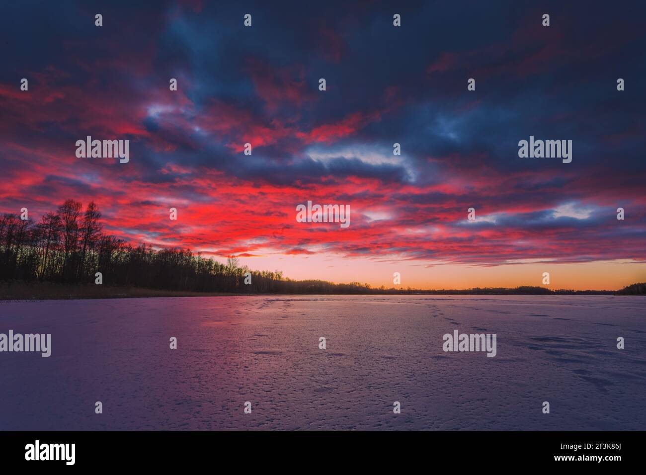 Lago ghiacciato alla luce del tramonto in Lituania Foto Stock