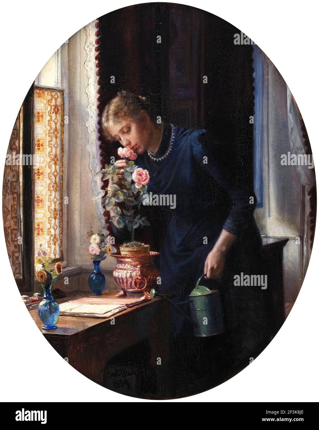 Carl Bloch, UNA giovane ragazza che odora una Rosa, pittura, 1889 Foto Stock