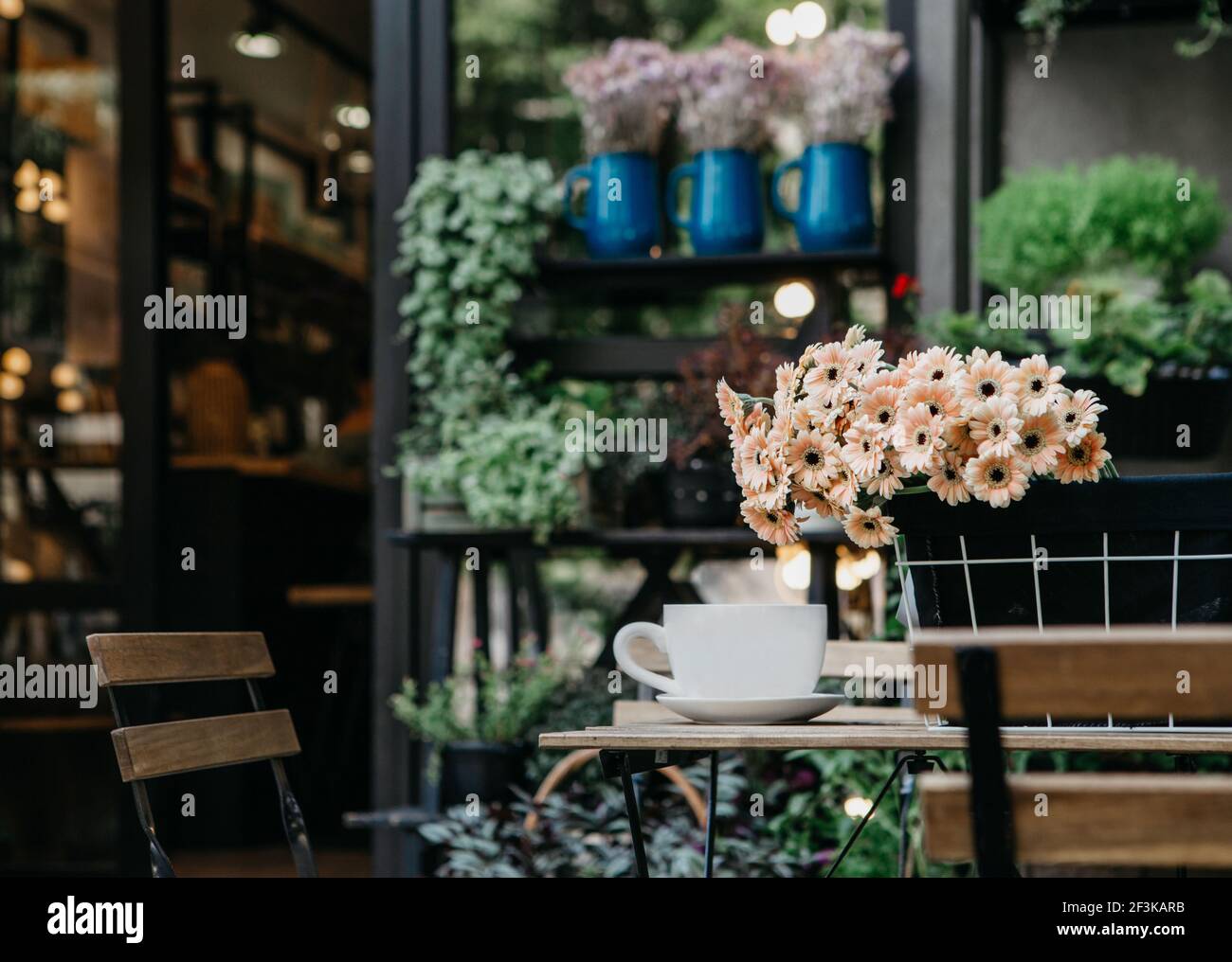 Stagione di giardinaggio primaverile, caffè biologico e piccole imprese Foto Stock