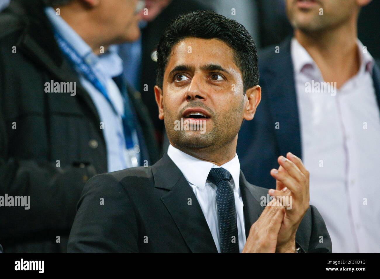 Nasser Ghanim al-Khelaïfi, presidente di Paris Saint Germain Gestures durante la UEFA Champions League, partita di calcio del gruppo B tra RSC Anderlecht e Paris Saint-Germain il 18 ottobre 2017 presso il Constant Vanden Stock Stadium di Bruxelles, Belgio - Foto Geoffroy Van Der Hasselt / DPPI Foto Stock