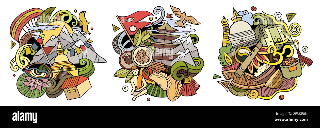 Nepal cartone animato vettore doodle disegni set. Composizioni colorate e dettagliate con molti oggetti e simboli nepali. Isolato su illustrazioni bianche Illustrazione Vettoriale