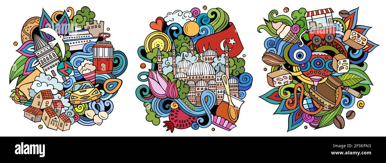 Istanbul cartoon vettore doodle disegni set. Composizioni colorate e dettagliate con molti oggetti e simboli turchi. Isolato su illustrazioni bianche Illustrazione Vettoriale