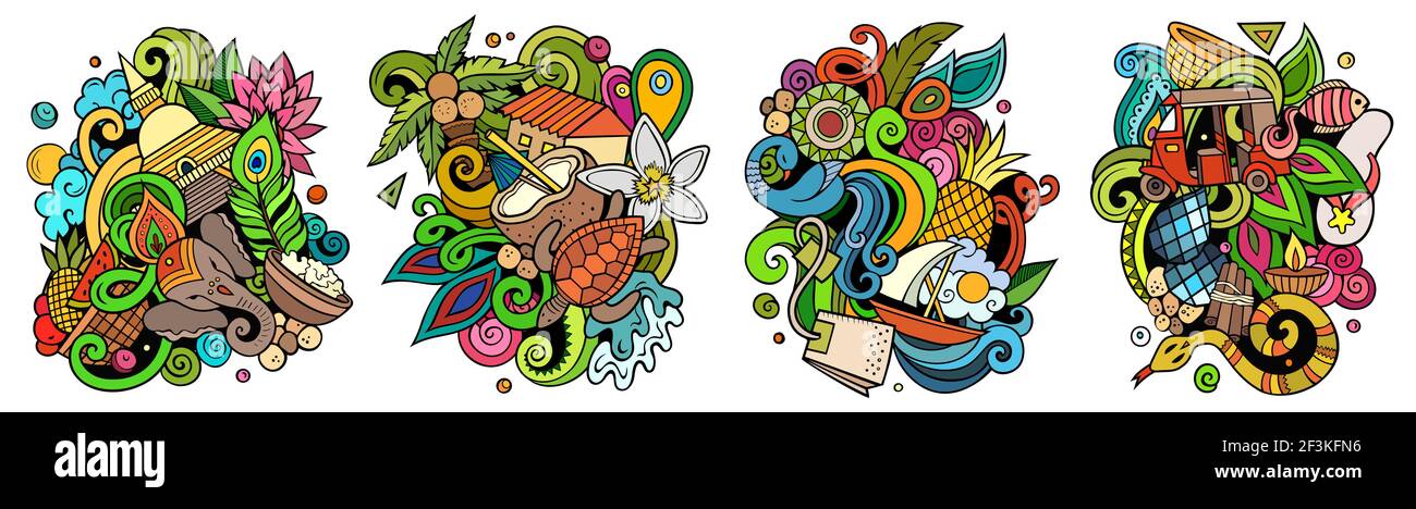 Sri Lanka cartoon vettore doodle disegni set. Composizioni colorate e dettagliate con molti oggetti e simboli esotici dell'isola. Isolato su illustrat bianco Illustrazione Vettoriale