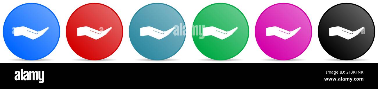 Icone vettoriali per le mani per la cura umana, set di pulsanti di gradiente circolari in 6 colori per applicazioni di webdesign e mobili Illustrazione Vettoriale