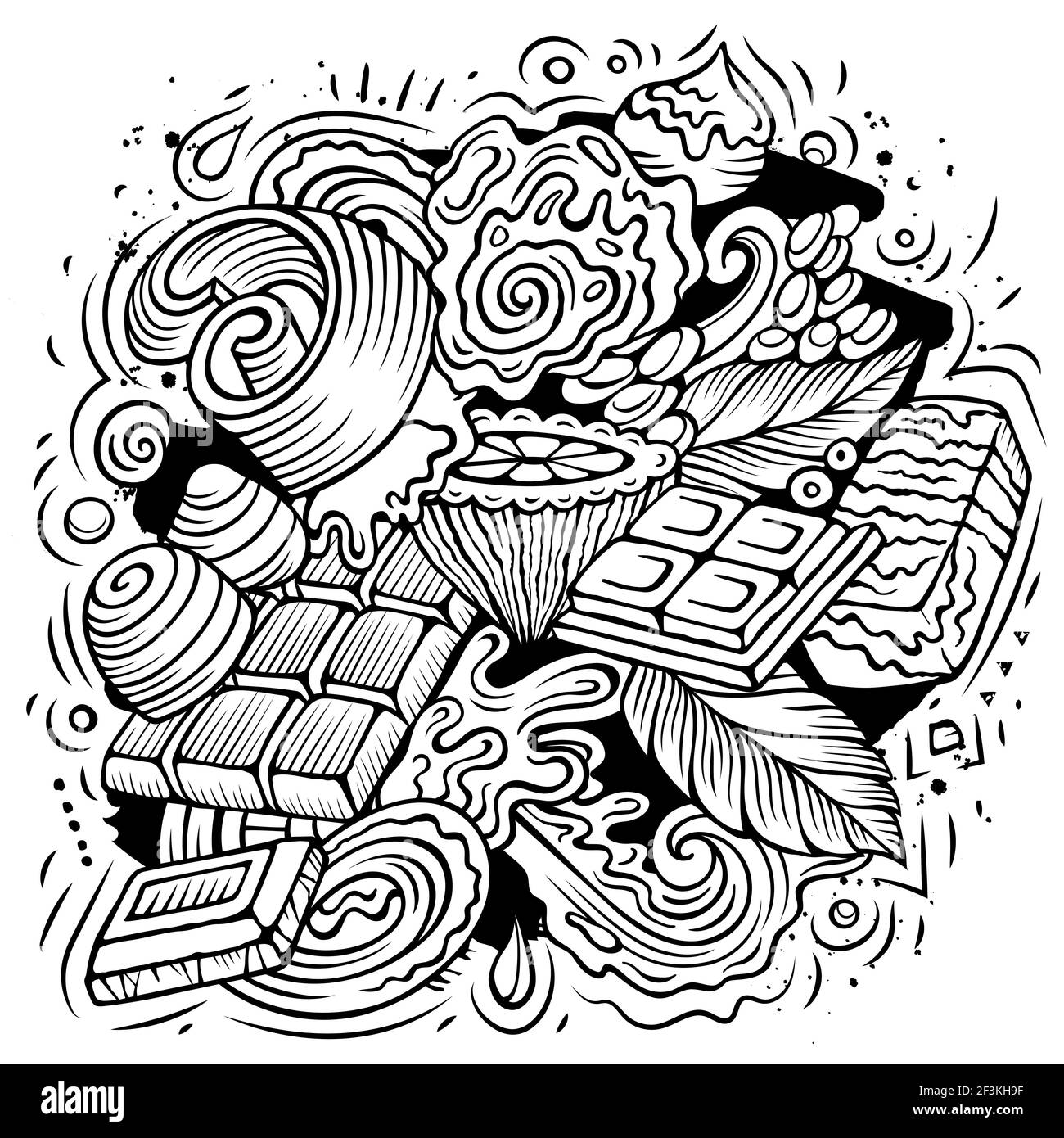 Illustrazione di doodles vettoriali disegnati a mano di cioccolato. Poster Choco. Elementi dolci e oggetti sfondo cartoon. Immagine divertente dell'arte di linea Illustrazione Vettoriale