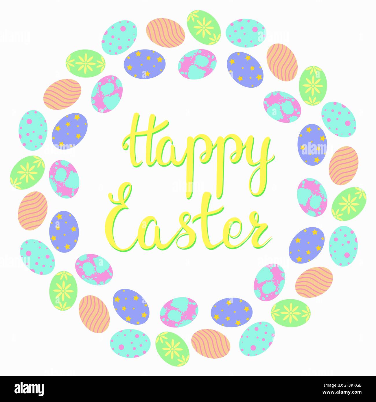 Cornice rotonda con uova di Pasqua. Cornice con uova colorate in un cerchio e l'iscrizione Buona Pasqua. Cartolina per la vacanza, congratulazioni.Vector. Illustrazione Vettoriale