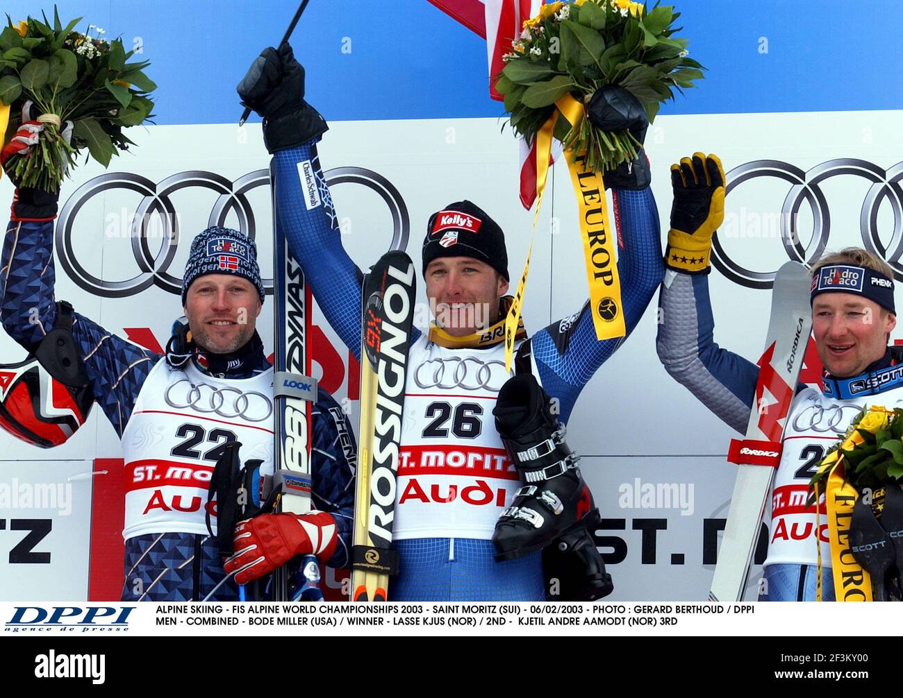 SCI ALPINO - FIS CAMPIONATO DEL MONDO ALPINO 2003 - SAINT MORITZ (SUI) - 06/02/2003 - FOTO : GERARD BERTHOUD / DPPI UOMINI - COMBINATO - BODE MILLER (USA) / VINCITORE - LASSE KJUS (NOR) / 2 - KJETIL ANDRE AMODT (NOR) 3 Foto Stock