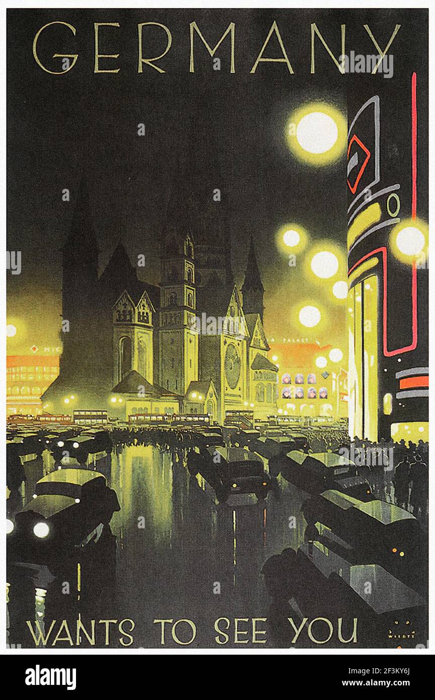 Poster di viaggio in tedesco d'epoca. La Germania vuole Arrivederci. Kaiser Wilhelm-Gedächtsniskirche a Berlino sullo sfondo. Germania, ca. 1925. Di Jupp Wiertz. Foto Stock Poster di viaggio in tedesco d'epoca. La Germania vuole Arrivederci. Kaiser Wilhelm-Gedächtsniskirche a Berlino sullo sfondo. Germania, ca. 1925. Di Jupp Wiertz. Foto Stock