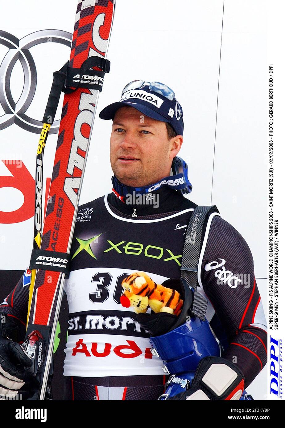 SCI ALPINO - FIS CAMPIONATO DEL MONDO ALPINO 2003 - SAINT MORITZ (SUI) - 02/02/2003 - FOTO : GERARD BERTHOUD / DPPI SUPER-G UOMINI - STEPHAN EBERHARTER (AUT) / VINCITORE Foto Stock