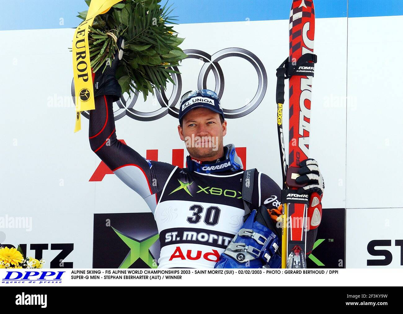 SCI ALPINO - FIS CAMPIONATO DEL MONDO ALPINO 2003 - SAINT MORITZ (SUI) - 02/02/2003 - FOTO : GERARD BERTHOUD / DPPI SUPER-G UOMINI - STEPHAN EBERHARTER (AUT) / VINCITORE Foto Stock