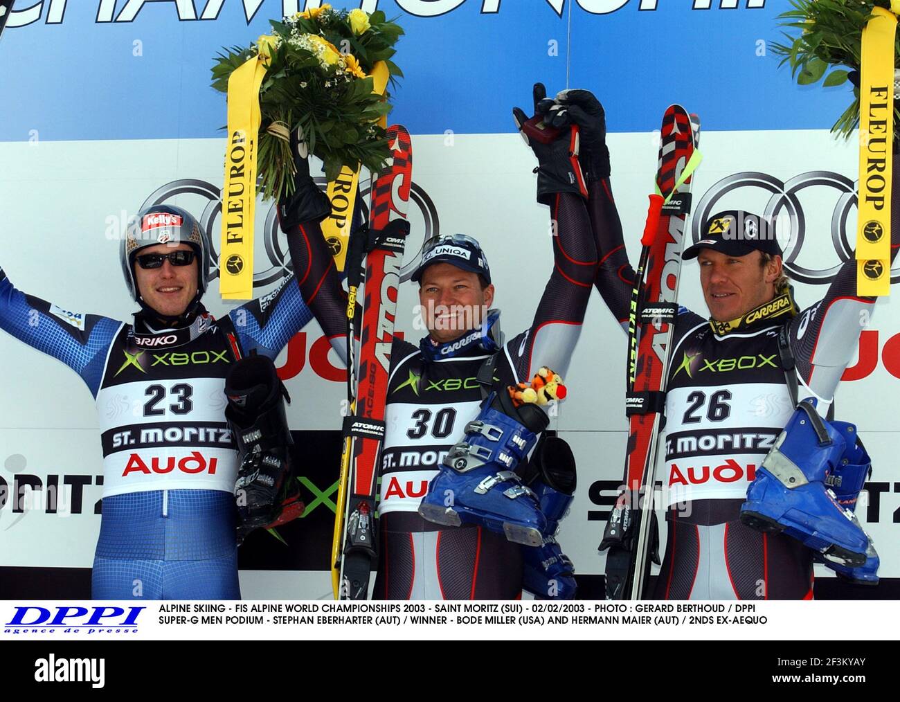 SCI ALPINO - FIS CAMPIONATO DEL MONDO ALPINO 2003 - SAINT MORITZ (SUI) - 02/02/2003 - FOTO : GERARD BERTHOUD / DPPI SUPER-G UOMINI PODIO - STEPHAN EBERHARTER (AUT) / VINCITORE - BODE MILLER (USA) E HERMANN MAIER (AUT) / 2NDS EX-AEQUO Foto Stock