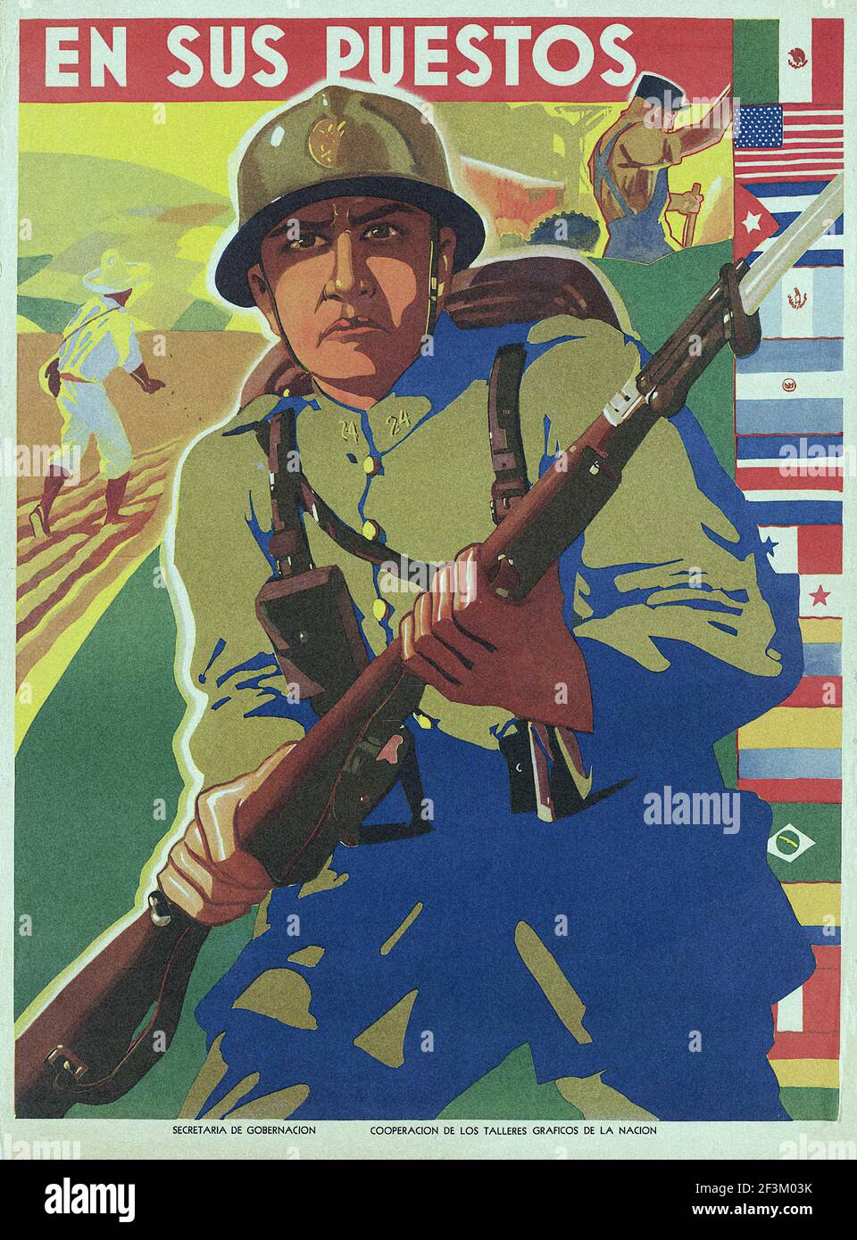 Poster di propaganda di reclutamento messicano d'epoca. Nei loro posti. Messico, 1940 Foto Stock