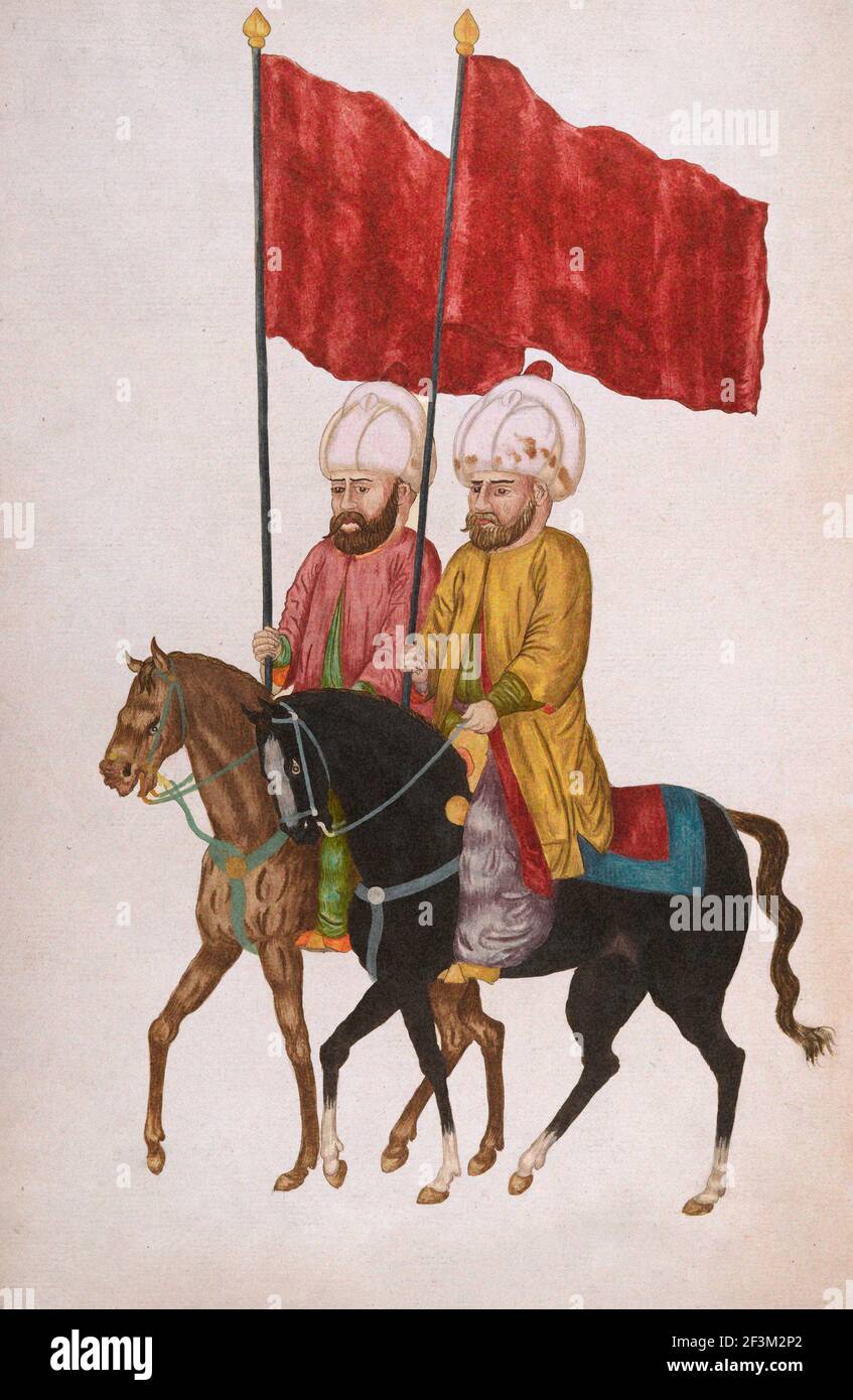 La storia dell'Impero Ottomano. Sultani utilizza anche simili segni di guerra. Dal libro francese del XVIII secolo. Foto Stock