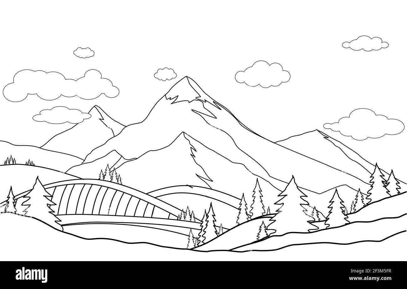 Disegno grafico, disegno di illustrazione vettoriale del paesaggio montano. Cartone animato di primavera estate bella natura, verdi praterie prato con foresta . Illustrazione Vettoriale