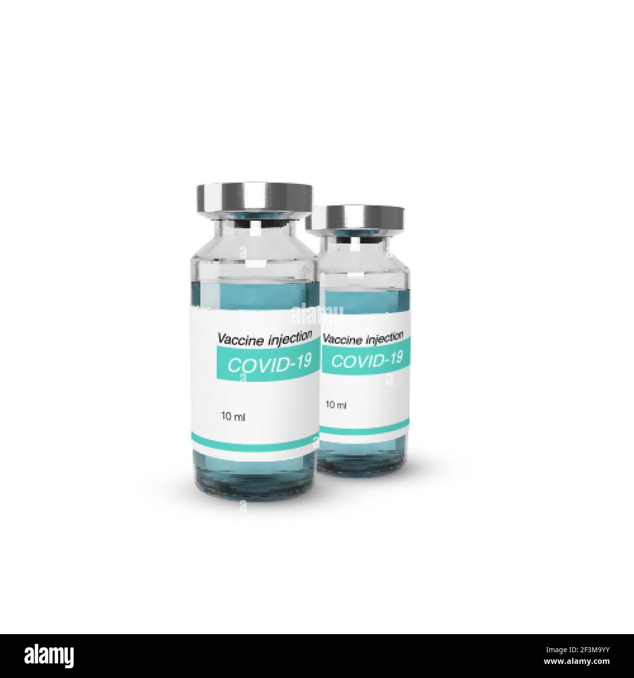 Flacone di vetro realistico con vaccino di covid-19. Modello di banner Web di vaccinazione e trattamento. Illustrazione vettoriale Illustrazione Vettoriale