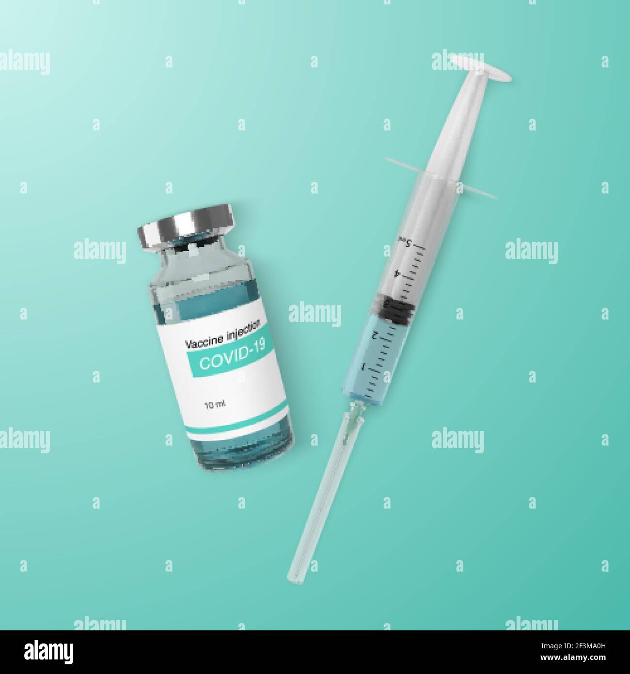 Fiala realistica con modello di vaccino e siringa per banner web. Concetto di vaccinazione e trattamento. Vettore Illustrazione Vettoriale