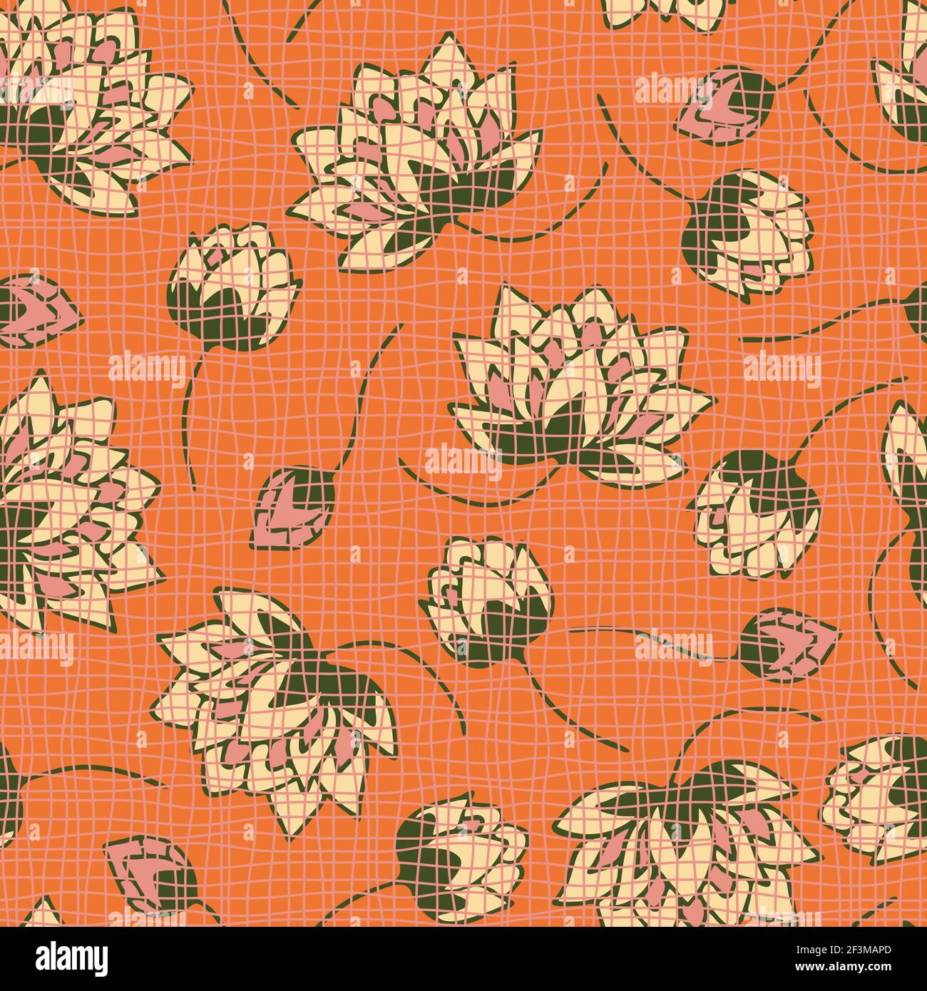 Motivo vettoriale senza cuciture con fiori di loto su sfondo arancione. Semplice carta da parati con texture floreali e giglio. Romantici tessuti di moda. Illustrazione Vettoriale