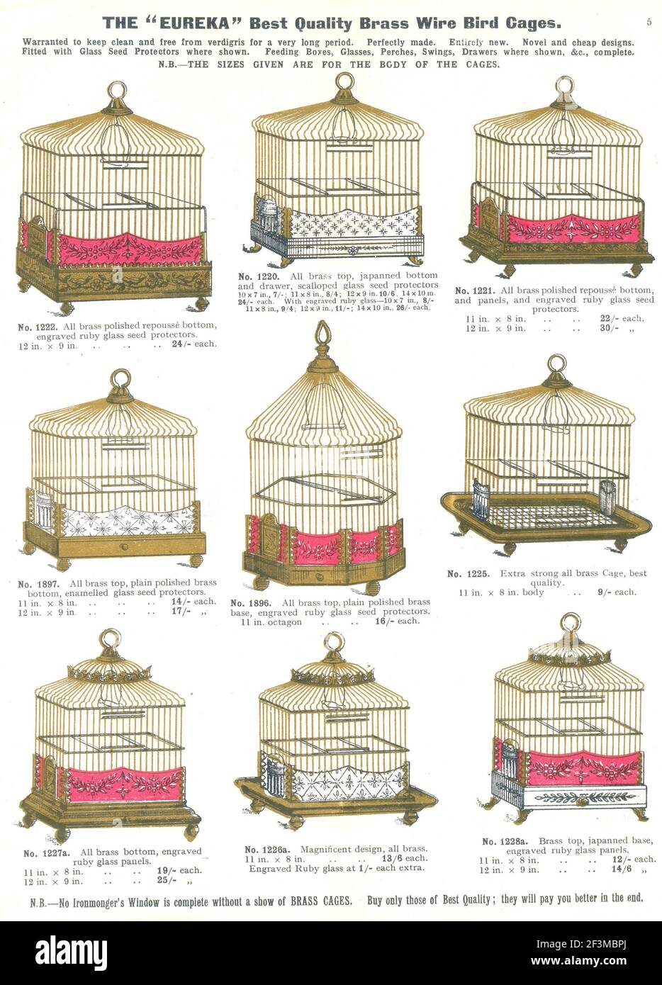 Pagina che mostra 'Eureka' le gabbie di miglior qualità in ottone dal catalogo per S Ramsey, Wireworkers a H M Government, St John Street, London E.C. Marzo 1910 Foto Stock