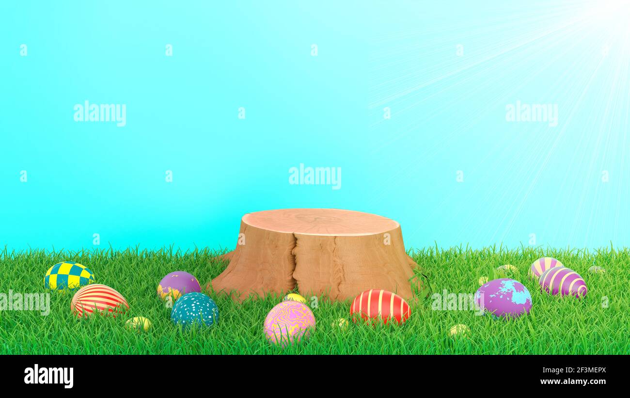 Un podio di canapa con uova festive decorate sull'erba. Un piedistallo per la presentazione del prodotto per le vacanze di Pasqua. Rendering 3D. Foto Stock