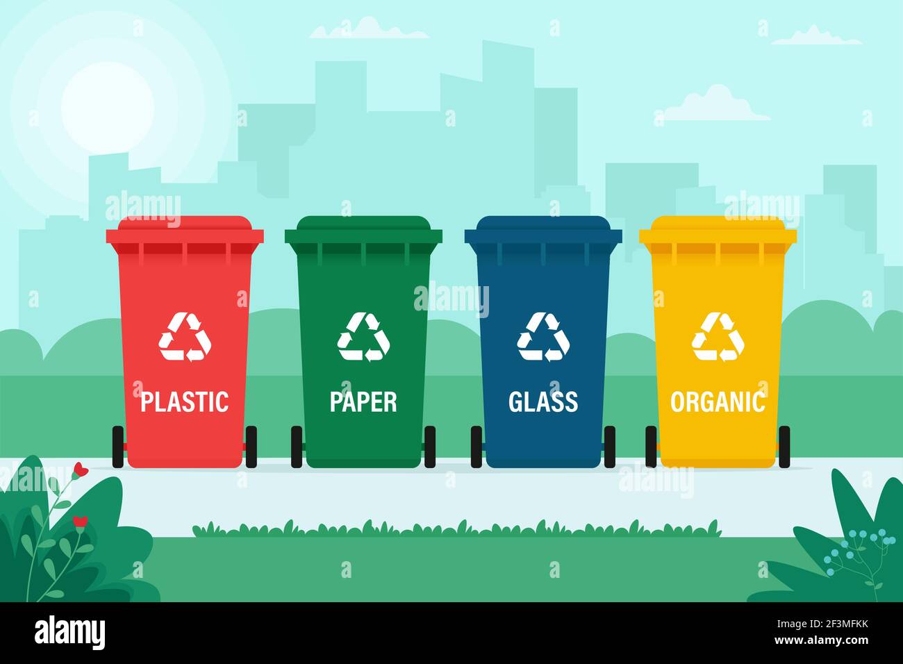 Bidoni per rifiuti organici, di carta, di plastica, di vetro. Riciclaggio, smistamento rifiuti, ecologia, concetto. Illustrazione vettoriale in stile piatto Illustrazione Vettoriale
