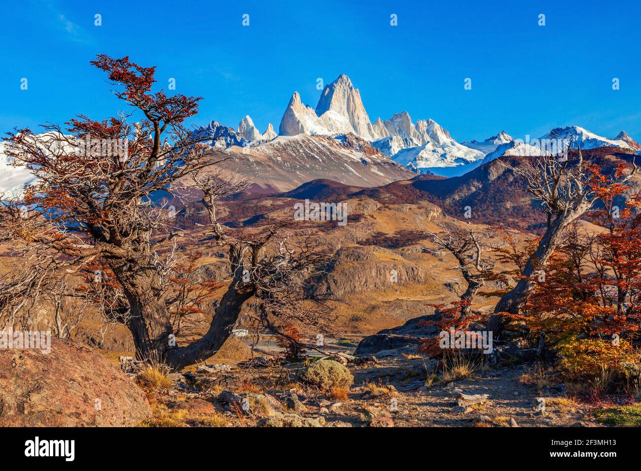 Vista aerea del Monte Fitz Roy o Cerro Chalten. Fitz Roy è una montagna situata vicino El Chalten, nella Patagonia meridionale, al confine tra l'Argentina Foto Stock