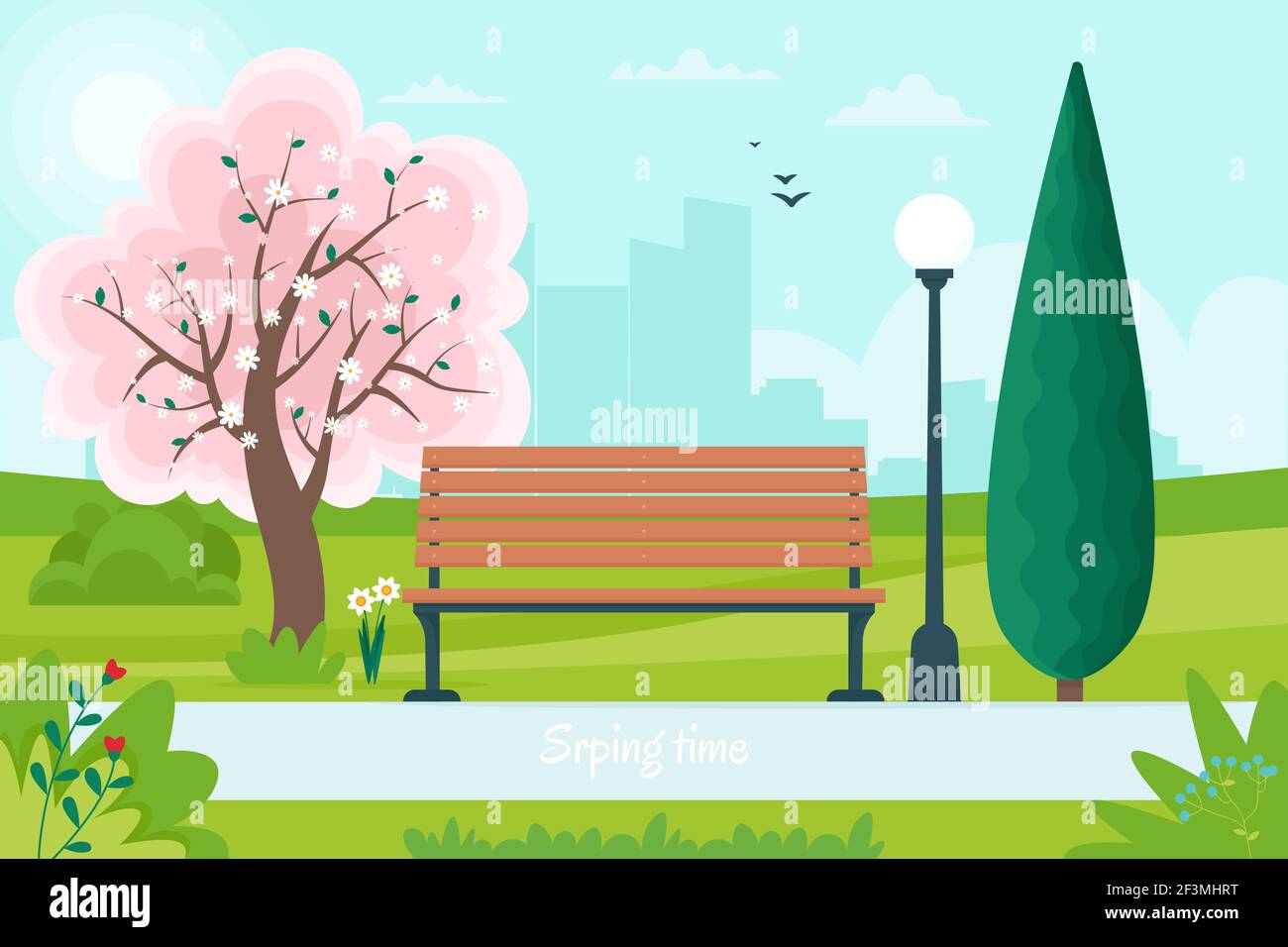 Paesaggio primaverile con panca nel parco e un albero fiorito. Illustrazione vettoriale in stile piatto Illustrazione Vettoriale