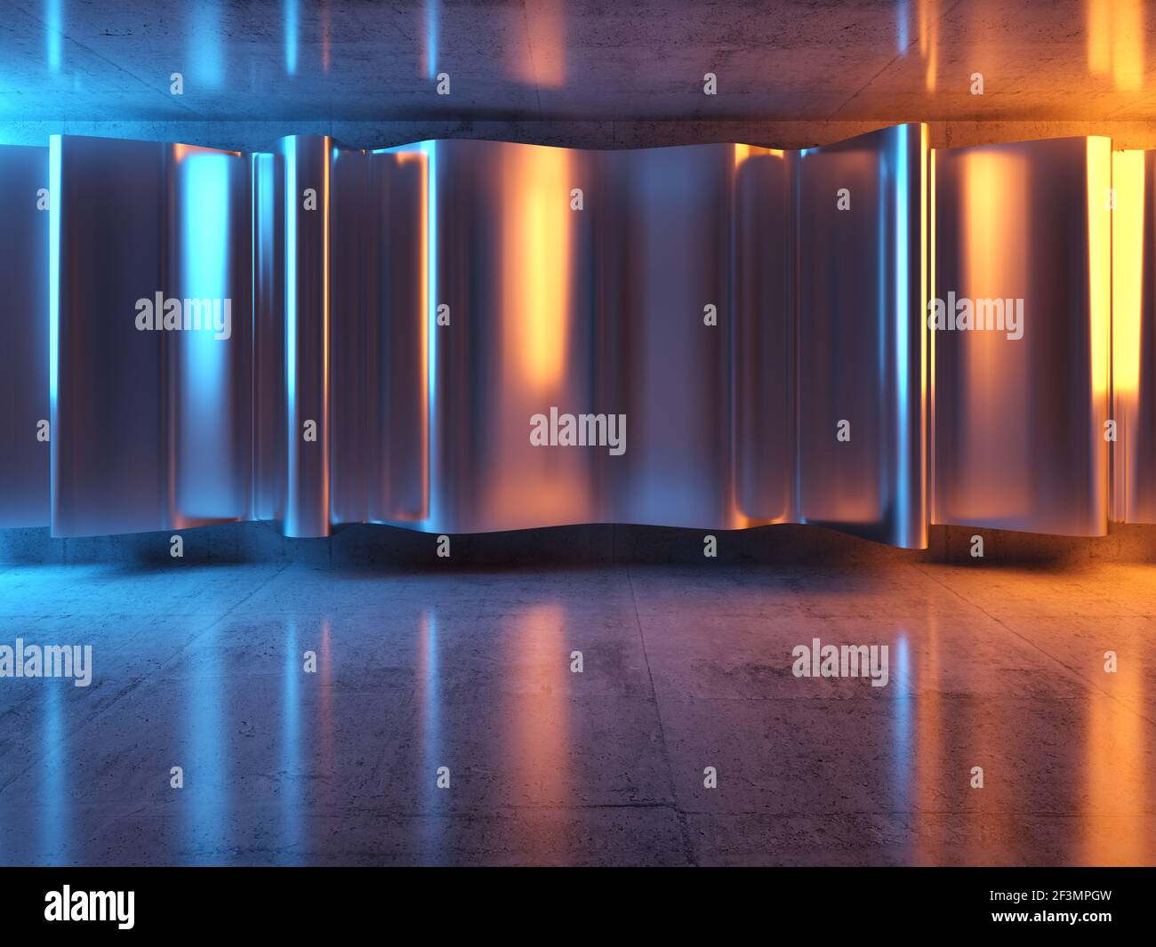 Interni astratti di design sfondo, lucido metallizzato tende installazione in una stanza di cemento con illuminazione soffusa di arancione e blu luci laterali, 3d Foto Stock