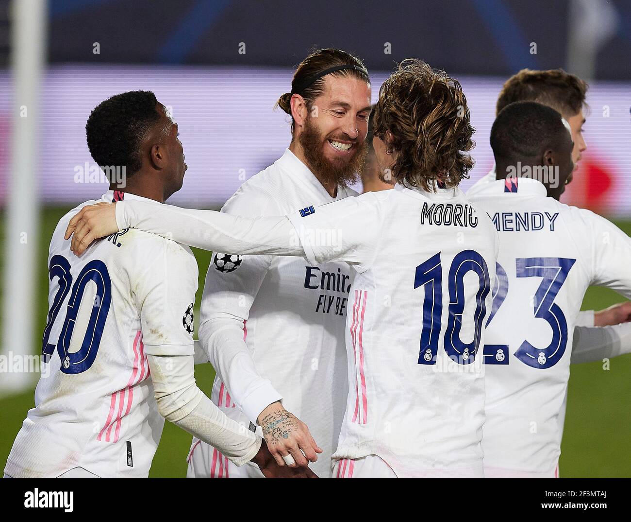 Madrid, Spagna. 16 Marzo 2021. Sergio Ramos (Real Madrid CF) festeggia dopo aver segnato la sua squadra‘s secondo goal durante il round della UEFA Champions League di 16 seconda tappa tra Real Madrid e Atalanta Bergamo a Valdebebas Sport City a Madrid.(Punteggio finale; 3 a 1 per Real Madrid, qualificandosi in un globale della cravatta 4-1) (Foto di Manu Reino/SOPA Images/Sipa USA) Credit: Sipa USA/Alamy Live News Foto Stock