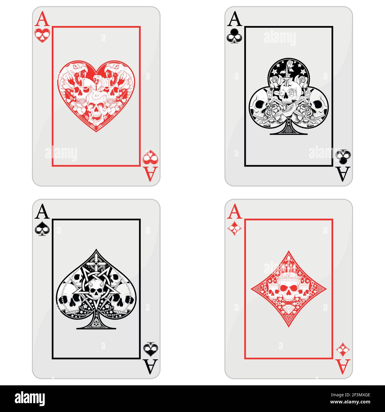 Disegno vettoriale di carte da poker con teschi, i simboli di cuore, diamante, trifoglio e asso con stili diversi Illustrazione Vettoriale