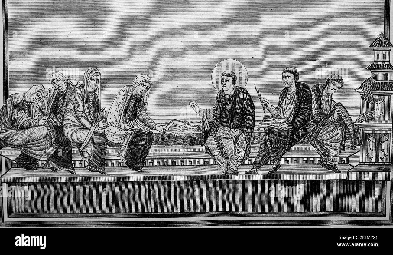 saint jerome expique les ecritures a sainte paule et a eustochie, la vie illustrree des saints,editeur firmin -didot, 1887 Foto Stock
