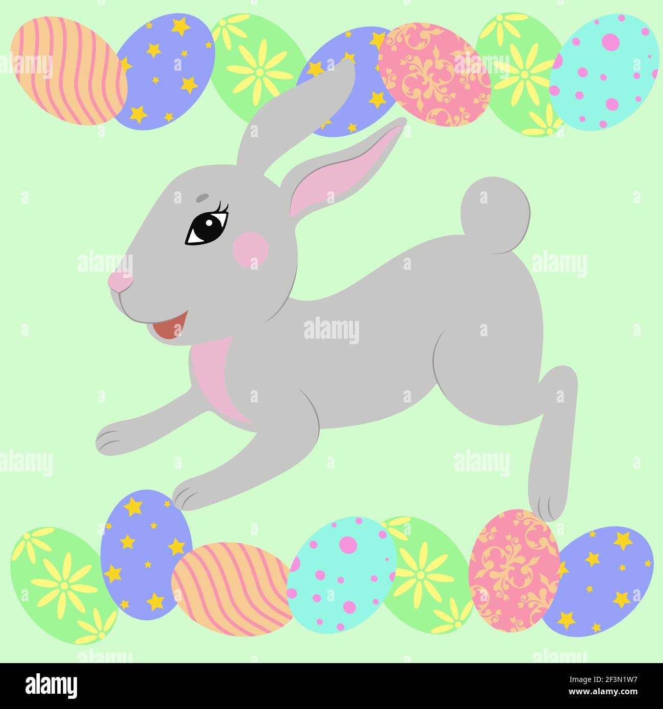 Coniglietto pasquale con uova colorate. Simphol di Pasqua. Vettore. Carino animale domestico grigio, coniglio. Illustrazione Vettoriale