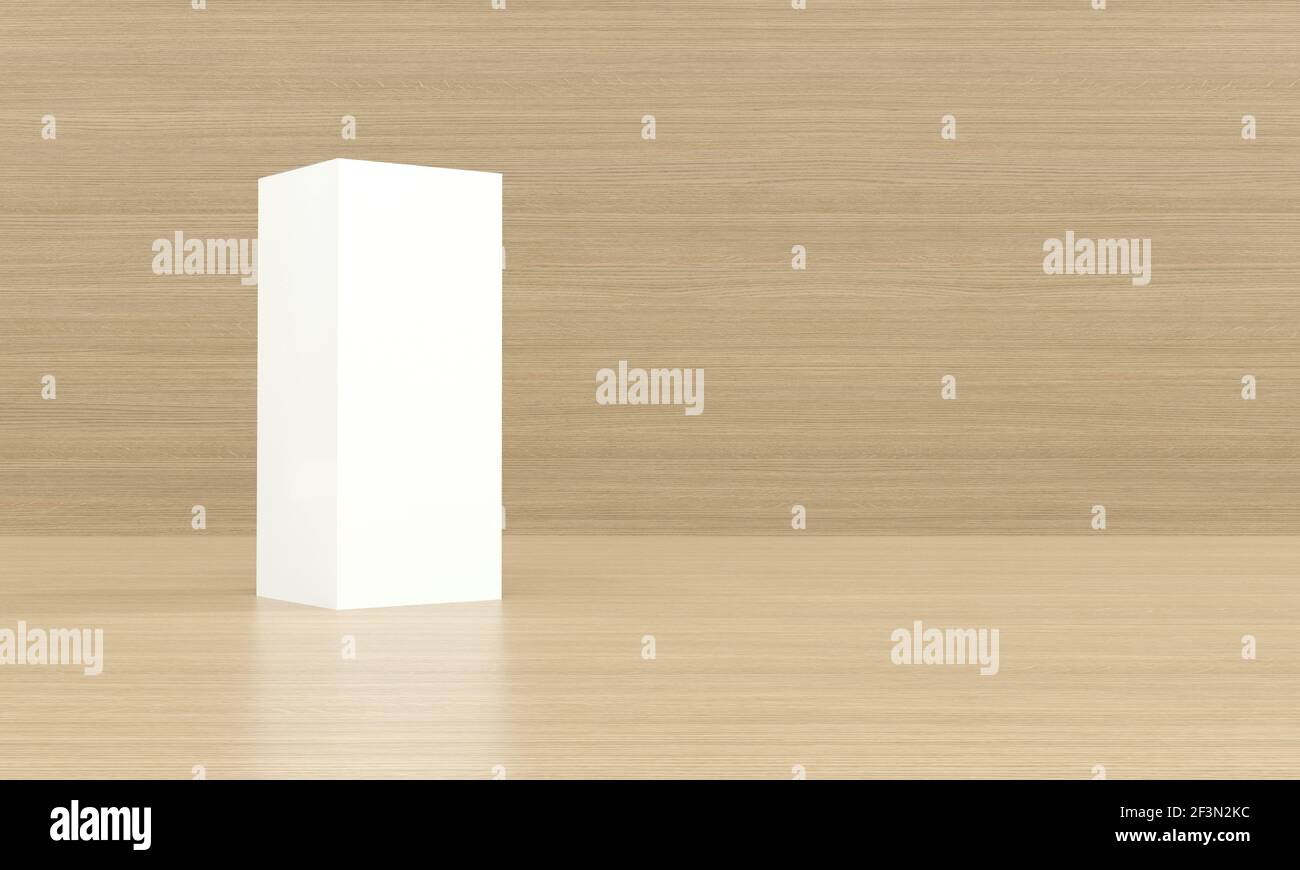 Confezione in scatola bianca su sfondo di legno - rendering 3D Foto Stock