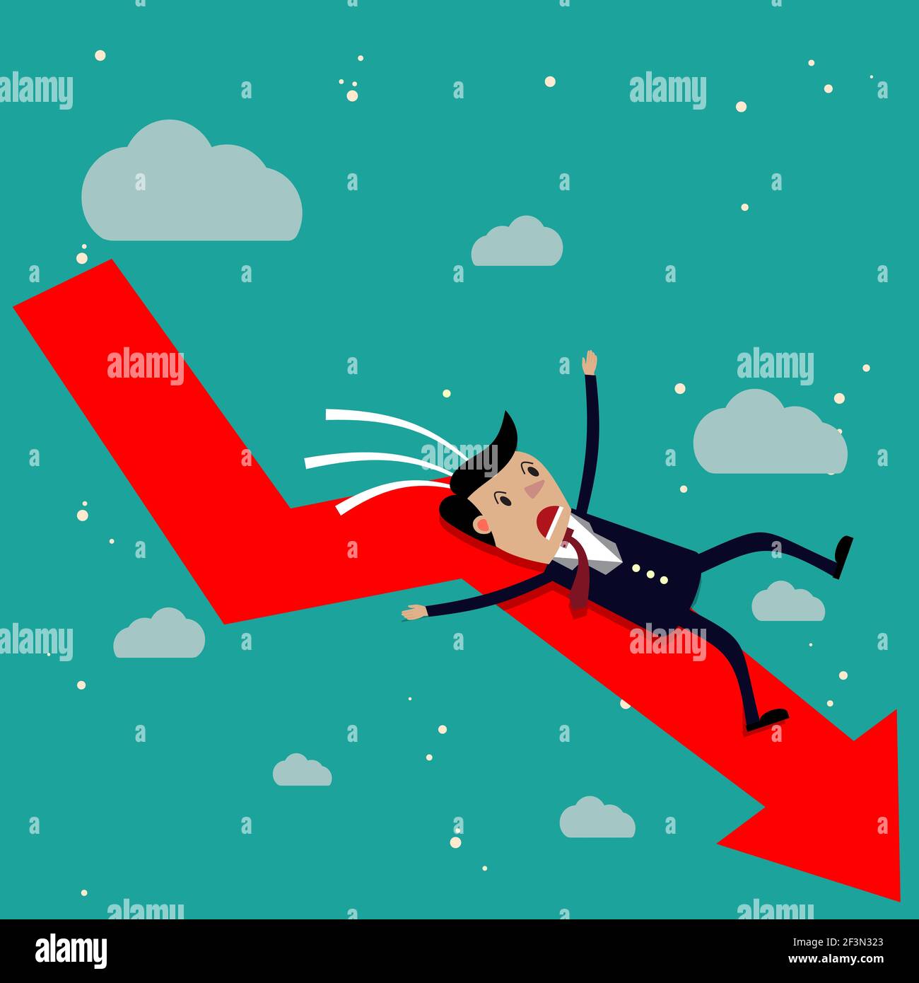 cartone animato uomo d'affari che cade dalla freccia rossa della carta. Illustrazione Vettoriale