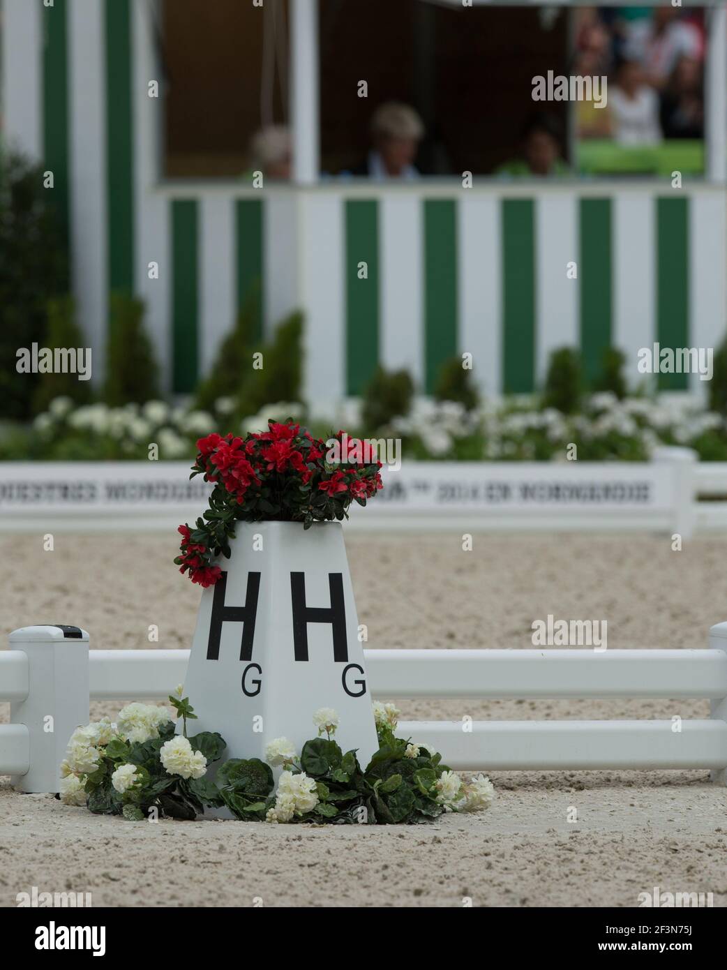 Dressage equestre con lettera H con cassa di fiori di gerani rossi in cima all'esterno dell'anello di concorso di dressage con i giudici di dressage riquadro in background Foto Stock